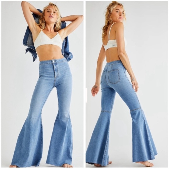 WE THE FREE Pull-On Flare Jeans Blue Boho - Picture 2 of 13